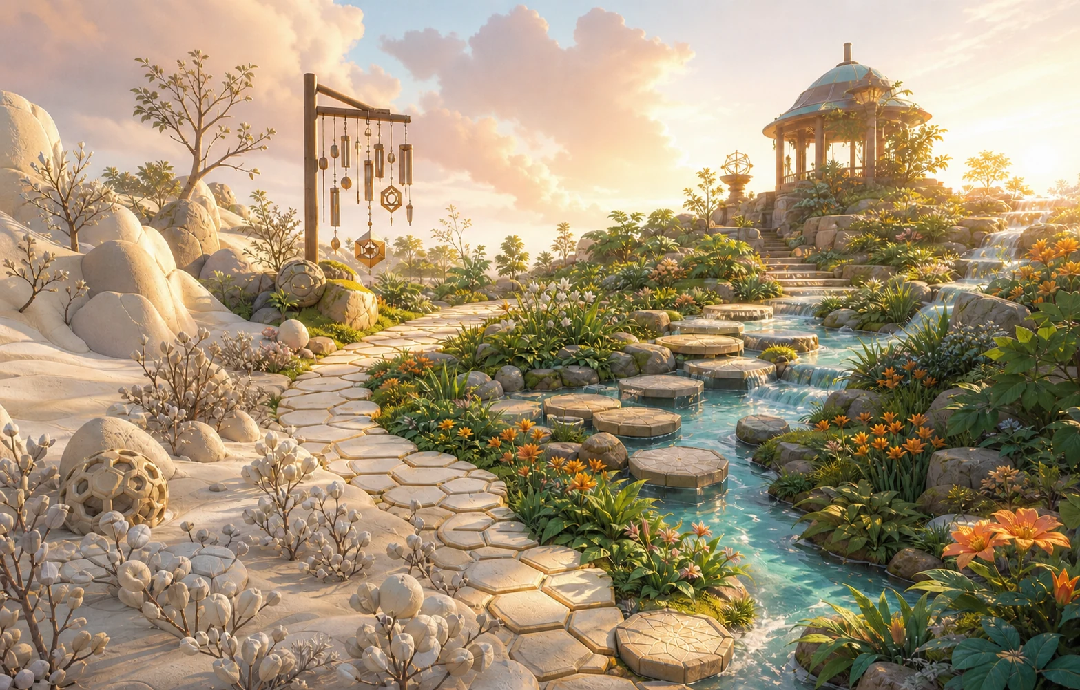 A sleeping garden becoming bright and full of life beside a flowing stream