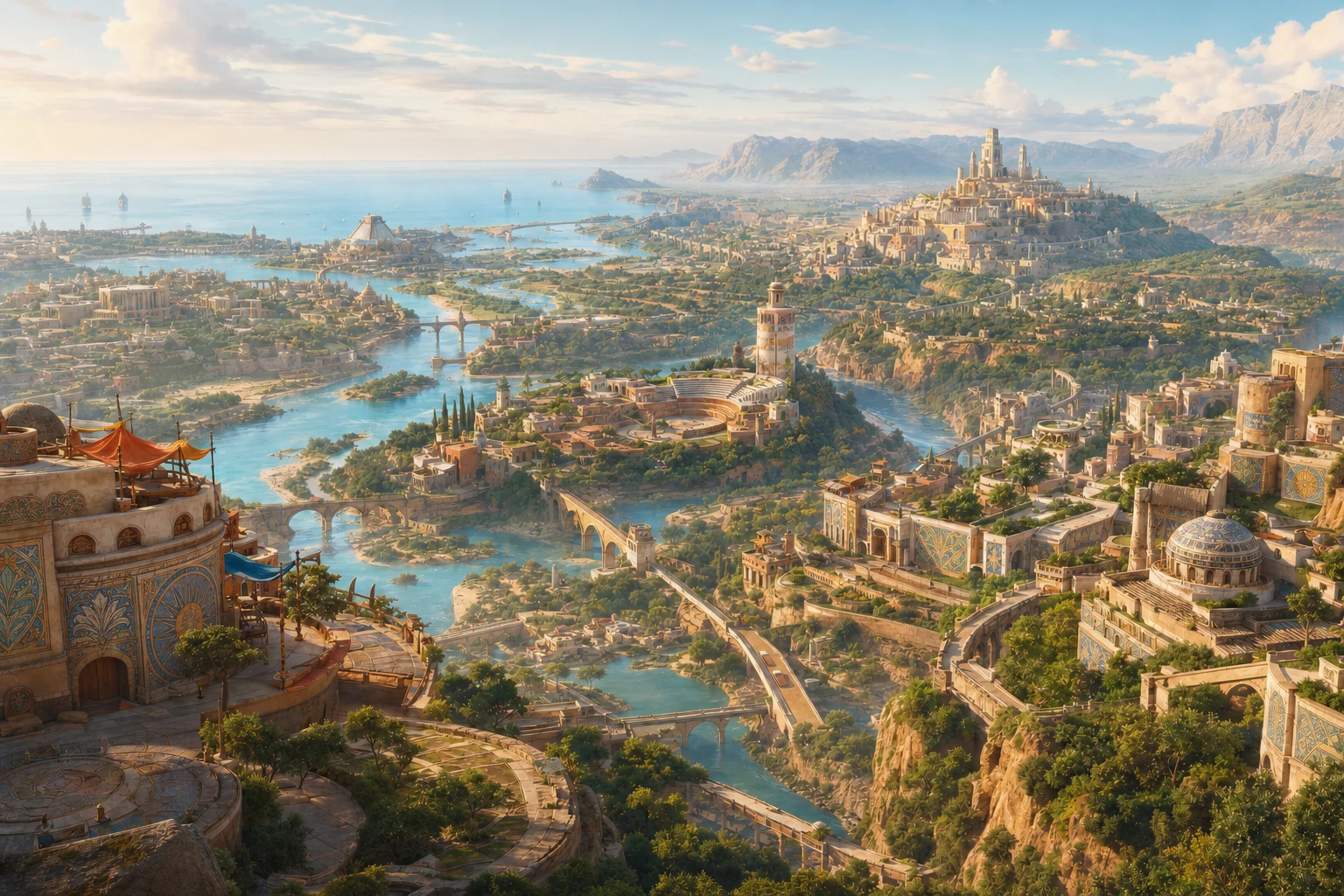 A broad river civilization of storytelling cities, archives, theaters, bridges, and mosaic-covered buildings