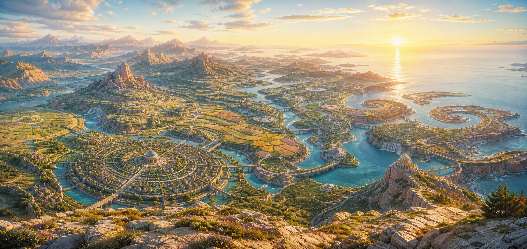 A vast mathematical world of radial cities, tessellated fields, spiraling coasts, and connected waterways
